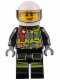 Minifig No: cty0652  Name: Fire - Reflective Stripes with Utility Belt and Flashlight, White Helmet, Trans-Brown Visor, Lopsided Grin