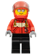 Minifig No: cty0678  Name: City Pilot Male, Red Fire Suit with Carabiner, Black Legs, Red Helmet, Silver Sunglasses