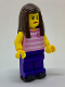 Minifig No: cty0719  Name: Rollerskater - Female, Bright Pink Striped Shirt with Cat Head, Dark Purple Legs, Dark Brown Long Hair, Red Lips, Black Skates