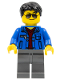 Minifig No: cty0747  Name: Blue Jacket over Dark Red V-Neck Sweater, Dark Bluish Gray Legs, Black Short Tousled Hair, Silver Sunglasses