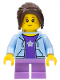Minifig No: cty0782  Name: City Bus Passenger - Bright Light Blue Hoodie, Medium Lavender Short Legs, Dark Brown Hair Ponytail Long with Side Bangs, Freckles