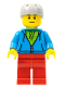 Minifig No: cty0785  Name: City Bus Passenger - Dark Azure Hoodie with Green Striped Shirt, Red Legs, Light Bluish Gray Sports Helmet
