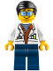 Minifig No: cty0789  Name: City Jungle Scientist - White Lab Coat with Test Tubes, Dark Blue Legs, Black Smooth Hair