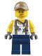 Minifig No: cty0802  Name: City Jungle Engineer - White Shirt with Suspenders and Dirt Stains, Dark Blue Legs, Dark Tan Cap with Hole, Smirk