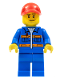 Minifig No: cty0807  Name: Blue Jacket with Pockets and Orange Stripes, Blue Legs, Red Cap with Hole