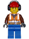 Minifig No: cty0840  Name: Forester - Male, Orange Safety Vest, Reflective Stripes, Reddish Brown Shirt, Blue Legs, Red Construction Helmet with Black Headphones, Stubble