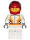 Minifig No: cty0874  Name: Race Car Driver, White Race Suit with Orange Stripes and Checkered Pattern, Red Helmet, Crooked Smile with Brown Dimple