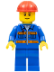 Minifig No: cty0925  Name: Blue Jacket with Pockets and Orange Stripes, Blue Legs, Red Construction Helmet, Thin Grin