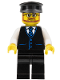 Minifig No: cty0944  Name: Bus Driver - Male, Black Vest with Blue Striped Tie, Black Legs, Black Hat, Glasses and Beard