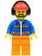 Minifig No: cty0949  Name: Airport Flagman, Red Helmet with Earmuffs, Blue Jacket with Orange Stripes and Legs