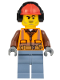 Minifig No: cty0955  Name: Construction Worker - Orange Zipper, Safety Stripes, Belt, Brown Shirt, Sand Blue Legs, Red Construction Helmet, Headphones, Slight Smile, Stubble