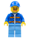 Minifig No: cty0956  Name: Garbage Worker - Male, Blue Jacket with Diagonal Lower Pockets and Orange Stripes, Medium Blue Legs, Blue Cap with Hole, Goatee and Splotches