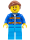 Minifig No: cty0957  Name: Garbage Worker - Female, Blue Jacket with Diagonal Lower Pockets and Orange Stripes, Dark Azure Legs, Reddish Brown Ponytail
