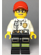 Minifig No: cty0970  Name: Fire - Female White Shirt with Fire Logo Badge and Belt, Reflective Stripes on Black Legs, Red Cap with Ponytail