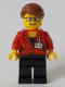 Minifig No: cty1045  Name: Reporter - Female, Red Suit Jacket with ID Badge, Black Legs, Reddish Brown Hair Swept Back into Bun, Glasses