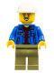 Minifig No: cty1050  Name: Truck Driver - Blue Jacket over Dark Red V-Neck Sweater, Olive Green Legs, White Construction Helmet