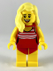 Minifig No: cty1053  Name: Swimmer - Female, Red Swimsuit with White Stripes, Bright Light Yellow Hair