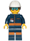Minifig No: cty1060  Name: Ground Crew Technician - Female, Dark Blue Jumpsuit, White Construction Helmet with Dark Brown Ponytail Hair, Light Blue Goggles