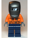 Minifig No: cty1115  Name: Welder - Male, Orange Safety Jacket, Reflective Stripe, Sand Blue Hoodie, Dark Blue Legs, Black Helmet, Pearl Dark Gray Welding Visor