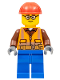 Minifig No: cty1162  Name: Construction Worker - Orange Zipper, Safety Stripes and Belt over Brown Shirt, Blue Legs, Red Construction Helmet, Glasses