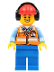 Minifig No: cty1193  Name: Ground Crew - Male, Orange Safety Vest with Reflective Stripes, Blue Legs, Red Construction Helmet with Black Ear Protectors / Headphones