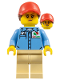 Minifig No: cty1194  Name: Ground Crew - Female, Medium Blue Shirt with 'Octan' Logo, Tan Legs, Red Ball Cap with Reddish Brown Ponytail