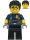 Minifig No: cty1210  Name: Police Officer - Duke DeTain, Dark Blue Shirt with Molded Short Sleeves, Harness, Black Legs, Black Hair