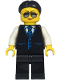 Minifig No: cty1212  Name: Limousine Driver - Female, Black Vest with Blue Striped Tie, Black Legs, Black Hair, Sunglasses and Peach Lips
