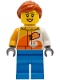 Minifig No: cty1228  Name: Female - Jacket with 'ViTA RUSH' Logo, Dark Azure Legs, Dark Orange Hair