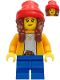 Minifig No: cty1235  Name: Girl - Bright Light Orange Jacket, Blue Medium Short Legs, Reddish Brown Hair with Braids, Red Beanie