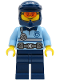Minifig No: cty1243  Name: Police - City Officer Bright Light Blue Shirt with Silver Stripe, Badge, and Radio, Dark Blue Legs, Dark Blue Dirt Bike Helmet, Safety Glasses