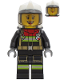 Minifig No: cty1250  Name: Fire - Female, Black Jacket and Legs with Reflective Stripes and Red Collar, White Fire Helmet, Trans-Brown Visor (Sarah Feldman)