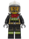 Minifig No: cty1251  Name: Fire - Male, Black Jacket and Legs with Reflective Stripes and Red Collar, White Fire Helmet, Trans-Brown Visor, Black Beard