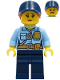 Minifig No: cty1258  Name: Police - City Officer Female, Bright Light Blue Shirt with Badge and Radio, Dark Blue Legs, Dark Blue Cap with Dark Orange Ponytail, Pensive Smile