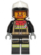 Minifig No: cty1264  Name: Fire - Male, Black Jacket and Legs with Reflective Stripes and Red Collar, White Fire Helmet, Trans-Brown Visor, Dark Orange Goatee