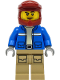 Minifig No: cty1294  Name: Wildlife Rescue Explorer - Male, Blue Jacket, Dark Red Helmet, Dark Tan Legs with Pockets, Beard