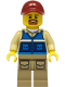 Minifig No: cty1298  Name: Wildlife Rescue Worker - Male, Dark Red Cap, Blue Vest with 'RESCUE' Pattern on Back, Dark Tan Legs with Pockets, Beard