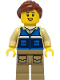 Minifig No: cty1300  Name: Wildlife Rescue Worker - Female, Blue Vest with 'RESCUE' Pattern on Back, Dark Tan Legs with Pockets, Reddish Brown Hair