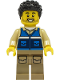 Minifig No: cty1306  Name: Wildlife Rescue Worker - Male, Blue Vest with 'RESCUE' Pattern on Back, Dark Tan Legs with Pockets, Black Hair