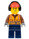 Minifig No: cty1317  Name: Construction Worker - Male, Orange Safety Vest, Reflective Stripes, Reddish Brown Shirt, Dark Blue Legs, Red Construction Helmet with Black Ear Protectors / Headphones, Lopsided Smile
