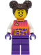 Minifig No: cty1331  Name: Stuntz Driver - Female, Coral Racing Shirt with White Arms, Dark Purple Legs, Dark Brown Hair with Buns