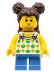 Minifig No: cty1333  Name: Child - Girl, White Halter Top with Green Apples and Lime Spots, Medium Blue Short Legs, Dark Brown Hair with Buns, Freckles, Reddish Brown Backpack