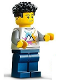 Minifig No: cty1340  Name: Hospital Visitor - Male, White Shirt with Mountains Logo, Dark Blue Legs, Black Coiled Hair