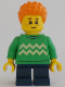 Minifig No: cty1343  Name: Child - Boy, Bright Green Sweater with Bright Light Yellow Zigzag Lines, Dark Blue Short Legs, Orange Short Coiled Hair, Freckles