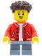 Minifig No: cty1352  Name: Boy, Red Jacket with Striped Trim, Sand Blue Short Legs, Dark Brown Hair