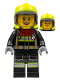 Minifig No: cty1356  Name: Fire Fighter Feldman - Reflective Stripes, Black Legs and Jacket with Dark Red Collar, Neon Yellow Fire Helmet, Trans-Black Visor