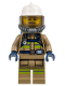 Minifig No: cty1359  Name: Fire - Reflective Stripes, Dark Tan Suit, White Fire Helmet, Open Mouth with Beard, Breathing Neck Gear with Blue Airtanks