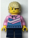 Minifig No: cty1361  Name: Bright Pink Hoodie, Medium Blue and White Diagonal Stripes, Dark Blue Short Legs, Tan Hair, Freckles, Smile