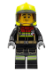 Minifig No: cty1362  Name: Fire - Male, Black Jacket and Legs with Reflective Stripes and Red Collar, Neon Yellow Fire Helmet, Trans-Brown Visor, Dark Orange Sideburns (Bob)