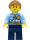 Minifig No: cty1384  Name: Police - City Officer Female, Bright Light Blue Shirt with Badge and Radio, Dark Blue Legs, Medium Nougat Hair